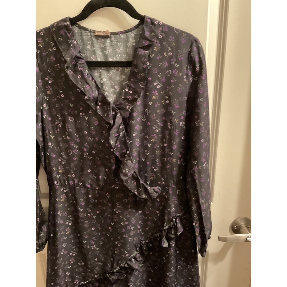 J.McLaughlin Floral Print Wrap Dress Ruffle Trim Long Sleeve Black Size 8 - Picture 2 of 15
